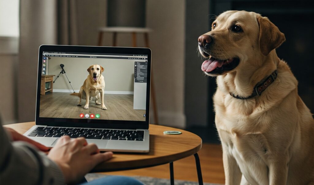 Dog training on a laptop over zoom